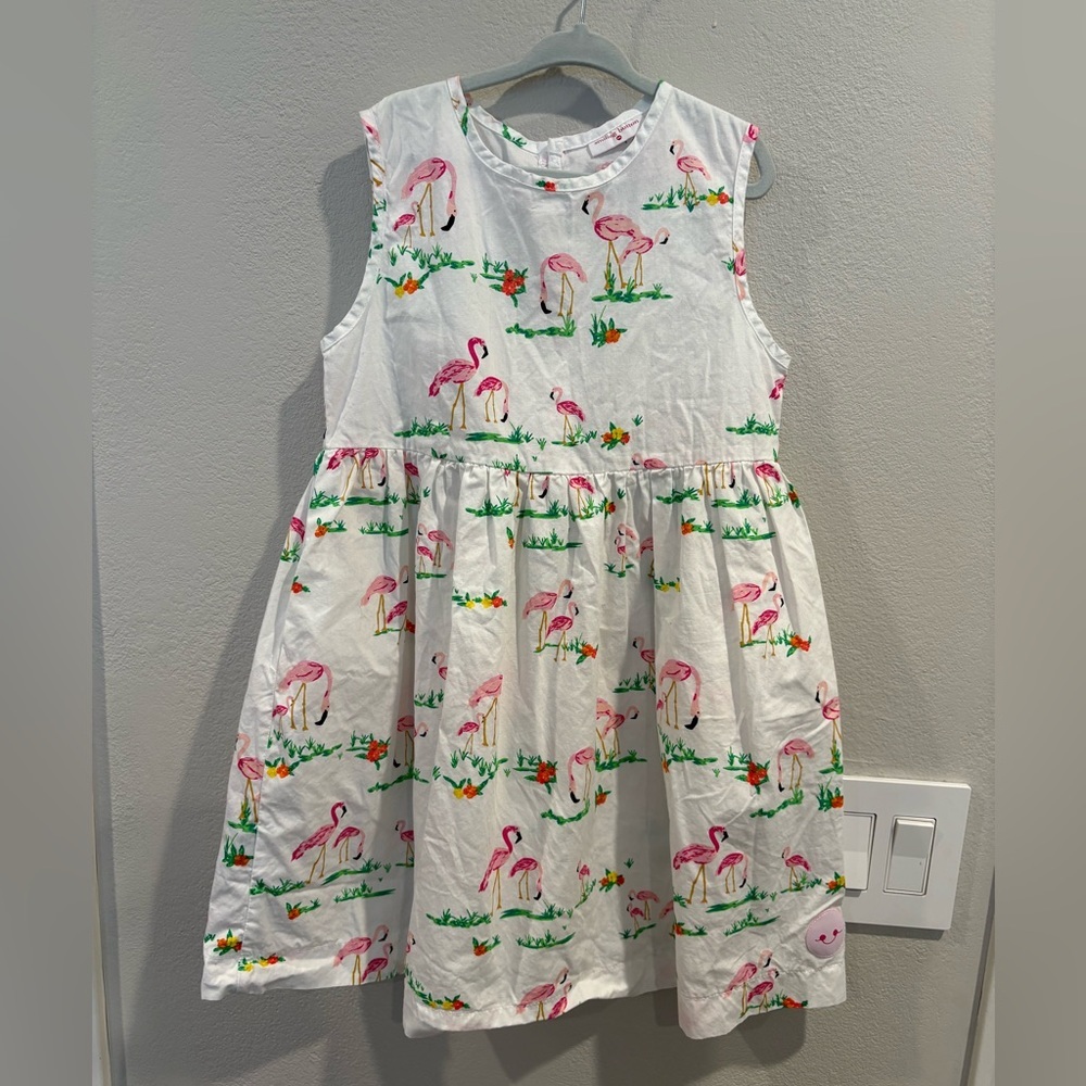 Smiling Button Flamingo Print Girls Dress Size 10 EUC Cotton Made in the USA